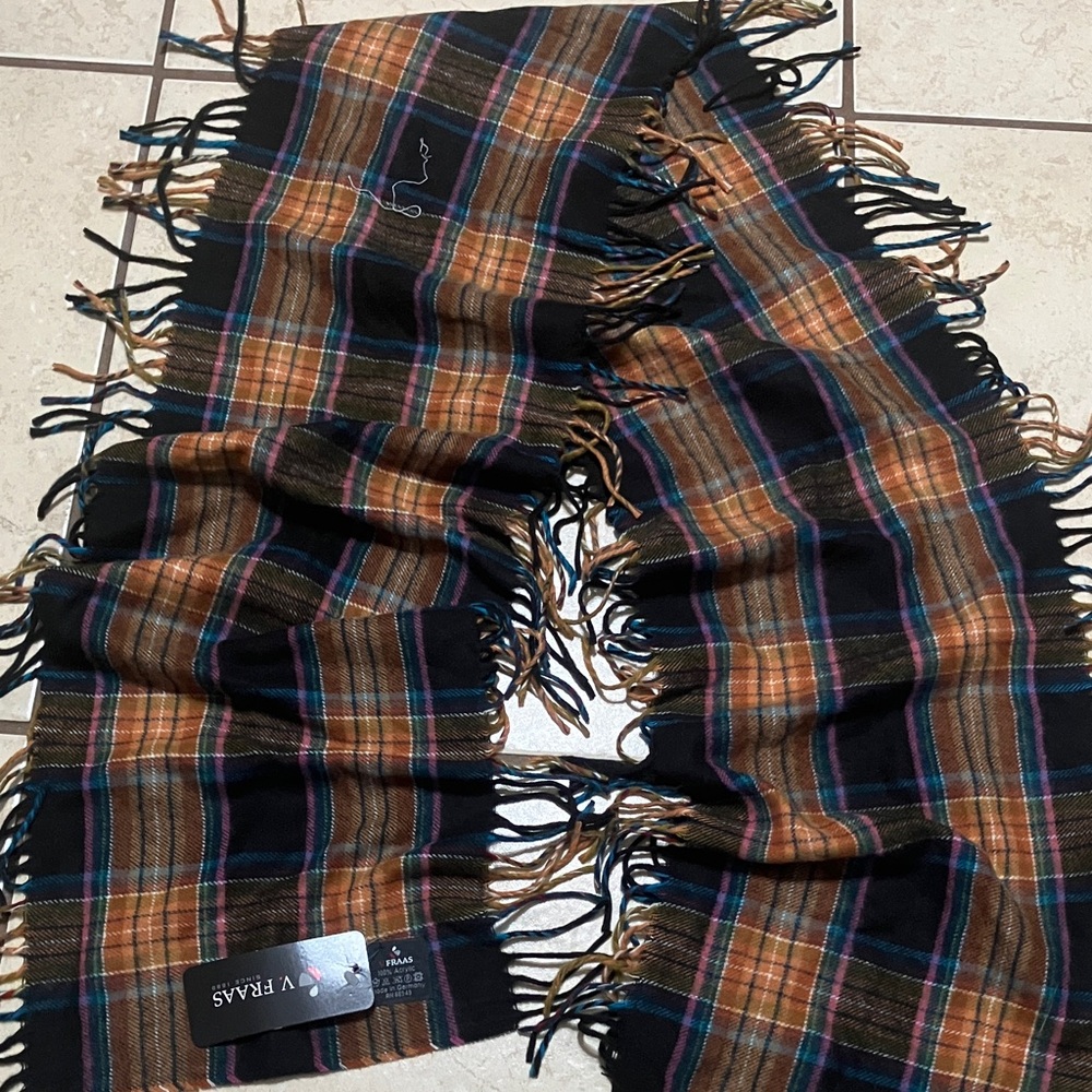 Fraas Men's Plaid Fringe Scarf in Black, Brown and Blue